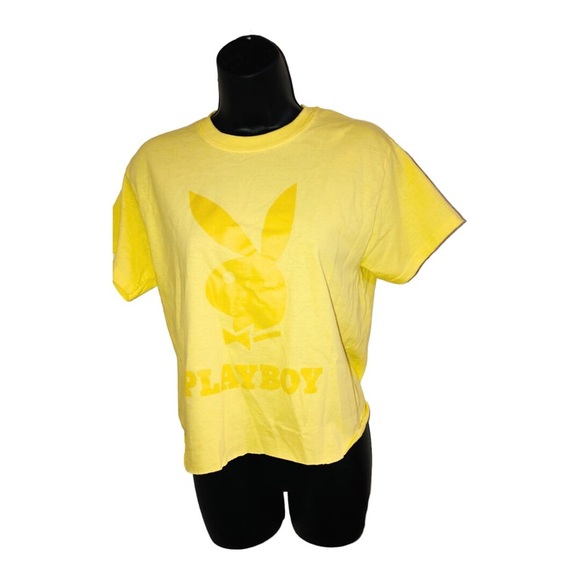 playboy‎ yellow slightly crop raglan hem iconic playboy logo t-shirt size small - Picture 10 of 11
